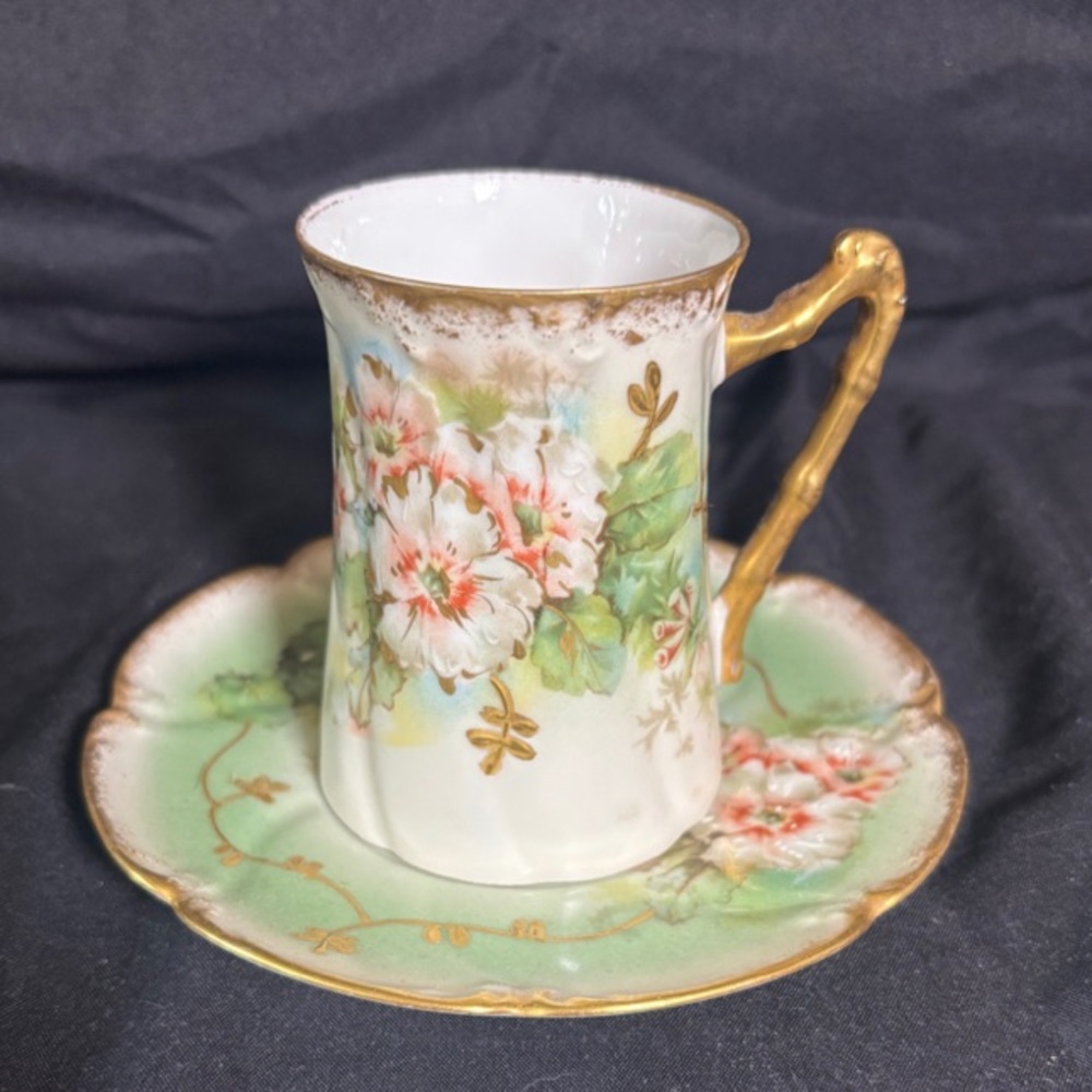 Antique Limoges France Green & Gold Floral Demitasse Cup & Saucer Set READ
